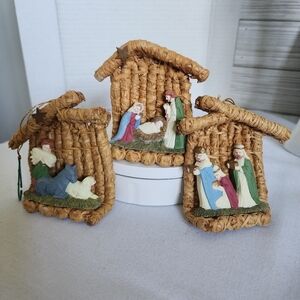 Set of Christmas Nativity Scene Ornament Set Wicker Creche with Resin Figures